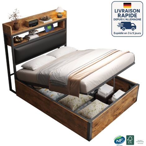 Lit 90x200 - Lit coffre- simili cuir - Design vintage en bois et métal - Port de chargement USB - hydraulique - Blanc (1/5)