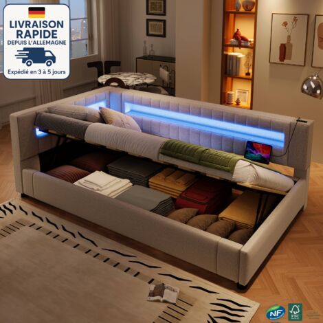 Lit Convertible 90x200 Cm Avec Rangement Et LED - Canapé Lit 1 Place En Velours Blanc - Fonction Hydraulique