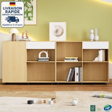 MODFU - Buffet de cuisine à roulettes, meuble de rangement vitrine, rangement ouvert, MDF, couleur naturelle, 222×34×95cm (1/5)