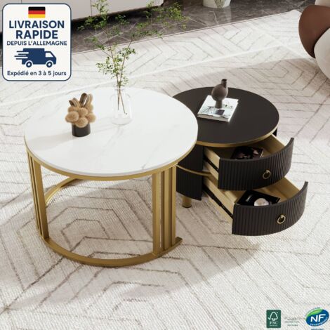 MODFU - Tables basses gigognes 70 x 70 x 46 cm (50 x 50 x 40 cm) avec 2 tiroirs, motif marbre, MDF,  blanc+noir (1/5)