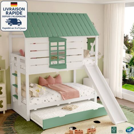 MODFU - Lit superposé enfant en bois 90X200cm pour 2 personnes avec toboggan, lit cabane avec lit gigogne, sans matelas, blanc