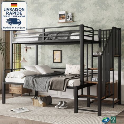 MODFU - Lit mezzanine enfant 90/120x200cm en métal 3 places, escalier de rangement, antichute, sans matelas, noir