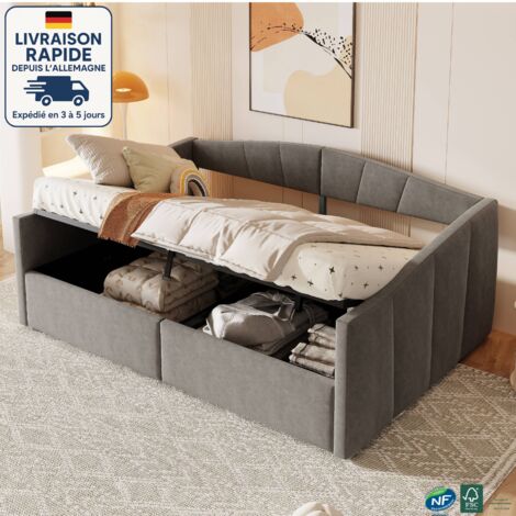 MODFU - Canapé-lit en velours 140×200 cm, lit coffre, sommier à lattes, MDF, sans matelas, gris (1/5)