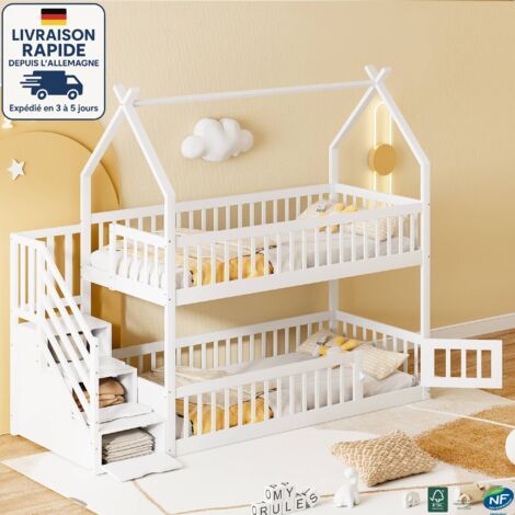 MODFU - Lit superposé enfant 90x200cm 2 personnes avec échelle de rangement, lit simple, antichute, sans matelas, MDF, blanc (1/5)