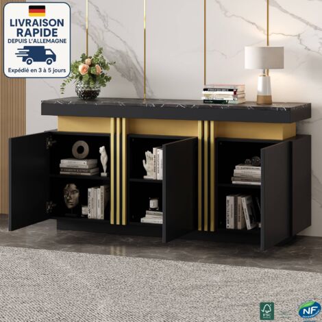 MODFU - Buffet 3 portes avec étagères réglables, meuble de rangement pour cuisine et salon, 140x38x70cm, noir (1/5)