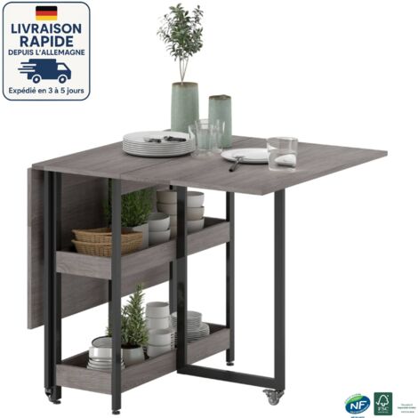 MODFU - Desserte de cuisine sur roulettes en bois avec table pliante, 2 étagères ouvertes, desserte de jardin, 80/133,4x80x75 cm, gris (1/5)