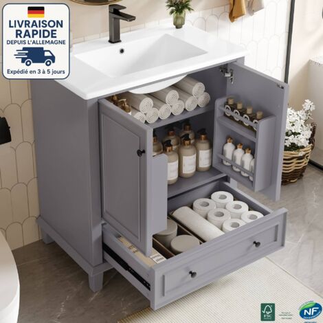 MODFU - Meuble de salle de bain avec lavabo, 2 portes et 1 tiroir, résistant à l'humidité, sans robinet, MDF, 76x46x87cm, gris