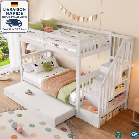 MODFU - Lit superposé enfant en bois 90x190/200 cm avec lit gigogne, escalier de rangement, sommier à lattes, sans matelas, antichute, blanc (1/5)