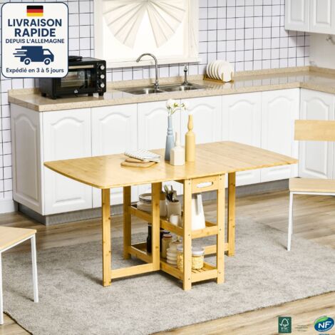 MODFU - Table à manger pliante en bois avec rangement, pour 4 à 6 personnes, 2 étagères, table de cuisine de salon, couleur naturelle (1/5)