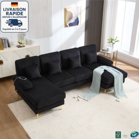 MODFU - Canapé d'angle 4 places avec 4 coussins, canapé en U LED, port USB, tissu velours côtelé, 265×135×88cm, noir (1/5)