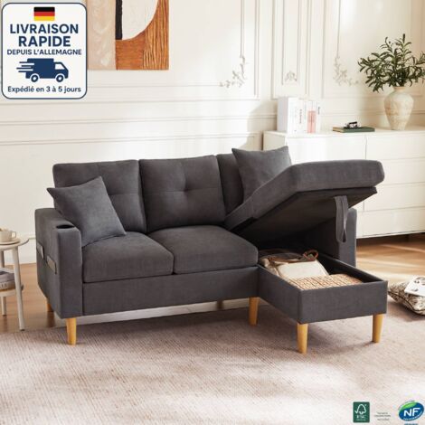 MODFU - Canapé 3 places avec 2 coussins, canapé de rangement pour salon et chambre, coton et lin, 175×129×90cm, gris foncé (1/5)