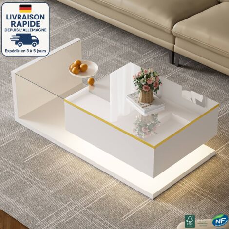 MODFU - Table basse en verre LED avec rangement ouvert, table d'appoint pour salon et chambre, 100x50x32cm, blanc (1/5)