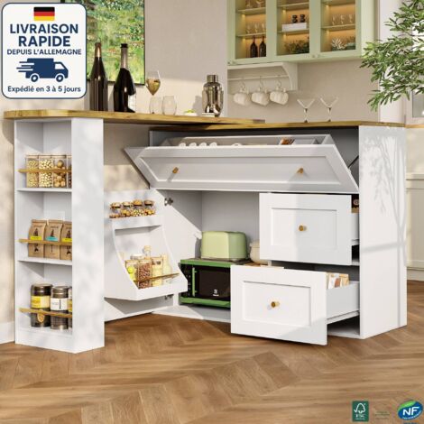 MODFU - Buffet avec table de bar rotative à 360°, meuble de cuisine, meuble de rangement, MDF, 2 portes et 2 tiroirs, 138/204×39×105cm, noir (1/5)