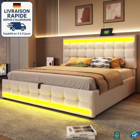 MODFU - Lit coffre adulte 180x200cm avec LED, hydraulique, lit capitonné, port USB, sommier à lattes, sans matelas, lin, beige (1/5)