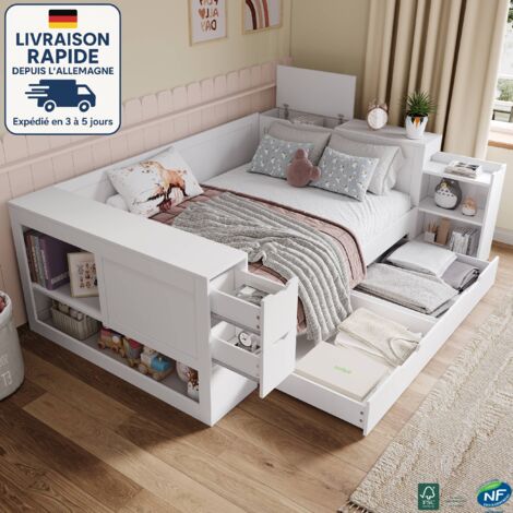 MODFU - Canapé-lit adulte 140x200cm, avec tiroirs et 1 table de chevet, lit ado, sans matelas, MDF, blanc (1/5)
