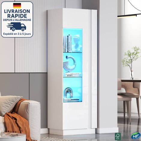 MODFU - Vitrine LED blanc 180cm, meuble haute brillant, capacité de charge 45 kg, 1 porte 2 étagères en verre