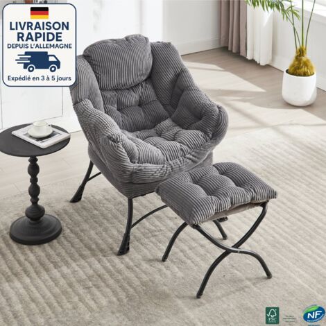 MODFU - Fauteuil avec repose-pieds, chaise de relaxation rembourré, 1 poche latérale, convient pour salon chambre, flanelle, gris (1/5)