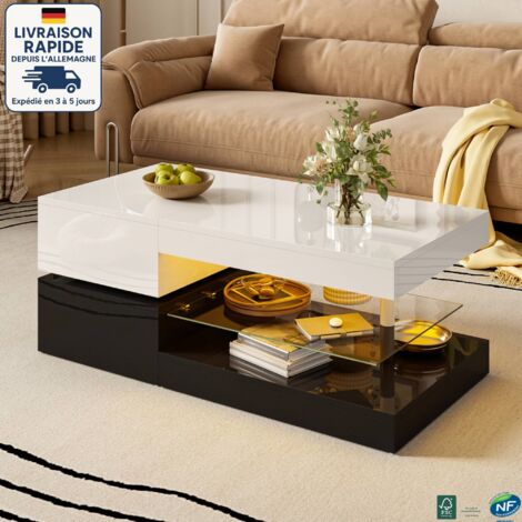MODFU - Table basse rectangulaire à LED avec rangement, 1 étagère en verre, table d'appoint de canapé, convient pour salon/chambre, blanc (1/5)