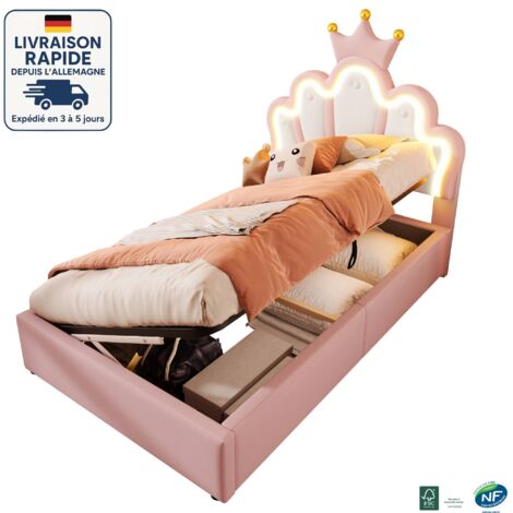 MODFU - Lit coffre enfant 90×200cm, lit capitonné hydraulique, tête de lit en forme de couronne réglable, avec LED, sans matelas, MDF, rose (1/5)