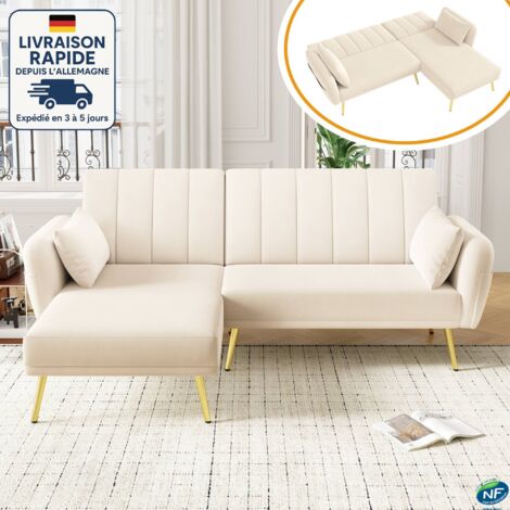 MODFU - Canapé convertible 3 places avec dossier réglable 3 positions, canapé d'angle en L, convient pour le salon/chambre, velours, beige (1/5)