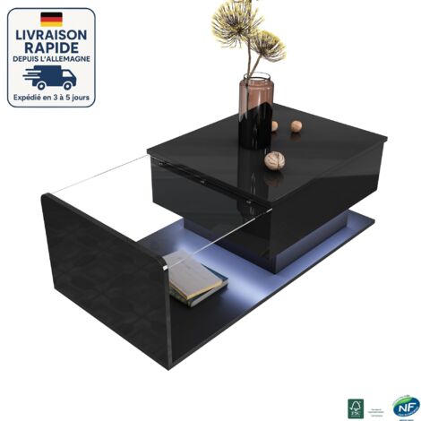 MODFU - Table basse relevable à LED avec rangement, plateau en verre, table d'appoint de canapé, 100×50×33cm, noir (1/5)