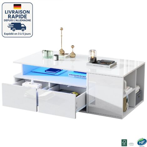 MODFU - Table basse rectangulaire LED avec rangement, 2 tiroirs, table d'appoint de canapé, salon/chambre, 100×50×35cm, blanc (1/5)