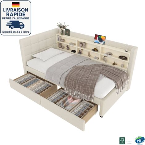 MODFU - Canapé-lit enfant 90×200cm avec rangement, 2 tiroirs 6 compartiments de rangement, USB+Type-C, sans matelas, lin, beige (1/5)