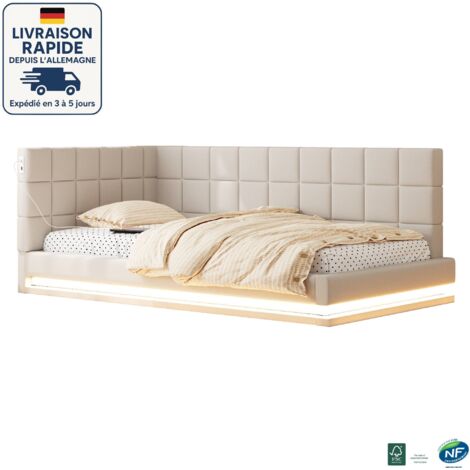 MODFU - Canapé-lit enfant 90x200cm, lit capitonné, avec LED, prise USB, sommier à lattes, velours, sans matelas, beige (1/5)