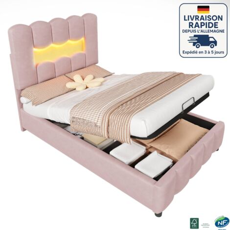 MODFU - Lit coffre enfant 90×200cm, avec LED, lit rembourré, tête de lit réglable en hauteur, sans matelas, velours, rose (1/5)