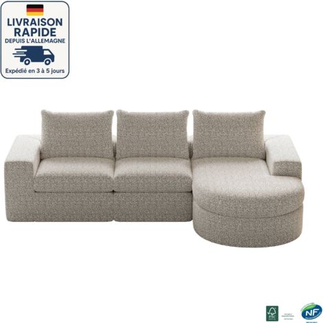 MODFU - Canapé d'angle 3 places, canapé modulable en L, tissu chenille, rembourrage en mousse, canapé salon/chambre, 251×160×81cm, beige (1/5)