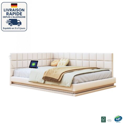 MODFU - Canapé-lit adulte 160x200cm, lit capitonné, avec LED, prise USB, sommier à lattes, velours, sans matelas, beige (1/5)