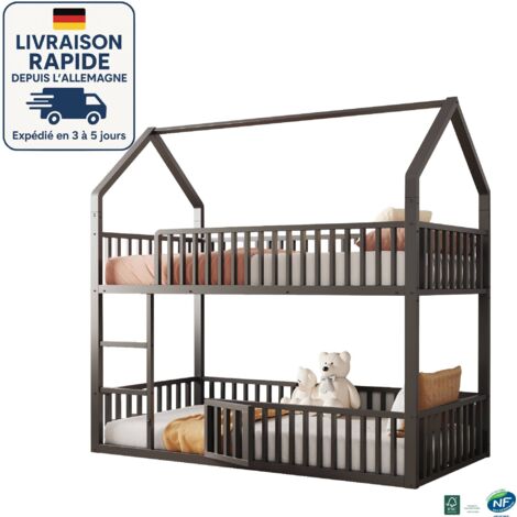 MODFU - Lit superposé en métal 90×200cm, lit enfant ado, design en forme de maison, antichute, sans matelas, noir (1/5)