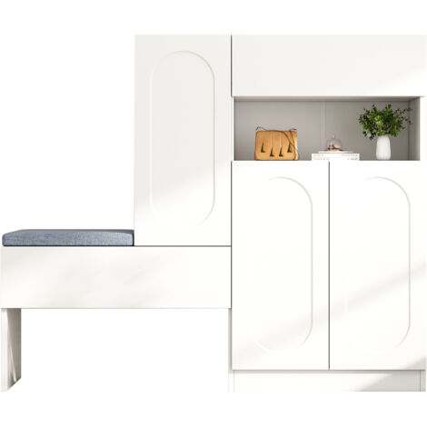 MODFU - Meuble à chaussures avec tabouret, 3 portes 1 tiroir, étagères réglables en hauteur, buffet d'entrée/salon, 130×35×110cm, blanc (1/5)