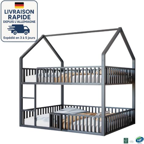 MODFU - Lit superposé en métal 140×200cm, lit enfant ado, design en forme de maison, antichute, sans matelas, noir (1/5)