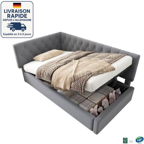 MODFU - Lit coffre enfant 90x190cm, hydraulique, canapé-lit capitonné, sommier à lattes, sans matelas, velours, gris (1/5)