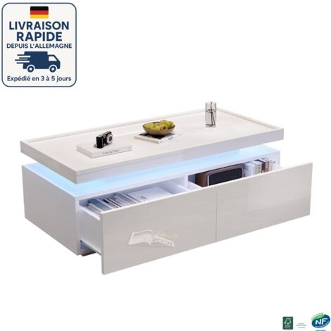 MODFU - Table basse rectangulaire à LED avec rangement, 2 tiroirs, table d'appoint brillante pour salon/chambre, 95×45×35cm, blanc (1/5)