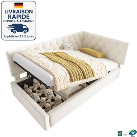 MODFU - Lit coffre enfant 90x190cm, hydraulique, canapé-lit capitonné, sommier à lattes, sans matelas, velours, beige (1/5)