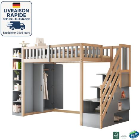MODFU - Lit mezzanine enfant en bois 90x200cm avec échelle de rangement, étagère + penderie, antichute, sans matelas, gris+naturel (1/5)
