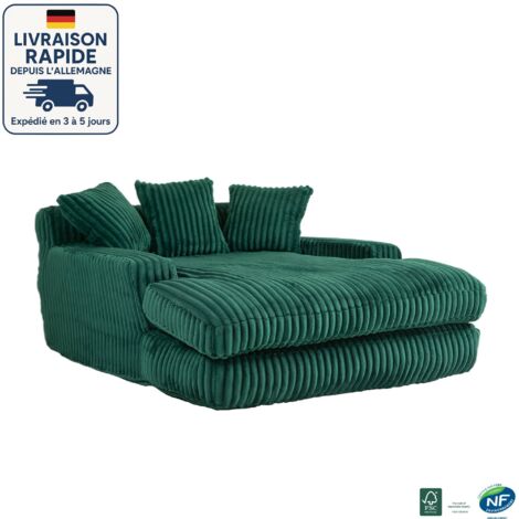 MODFU - Canapé de relaxation avec 3 coussins, canapé rembourré salon/chambre, velours côtelé, rembourrage en mousse, 155×125×63cm, vert