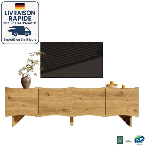 Meuble TV 155 cm - Motif de vagues moderne - Avec espace de rangement, quatre portes et sorties de câbles aspect bois (1/5)