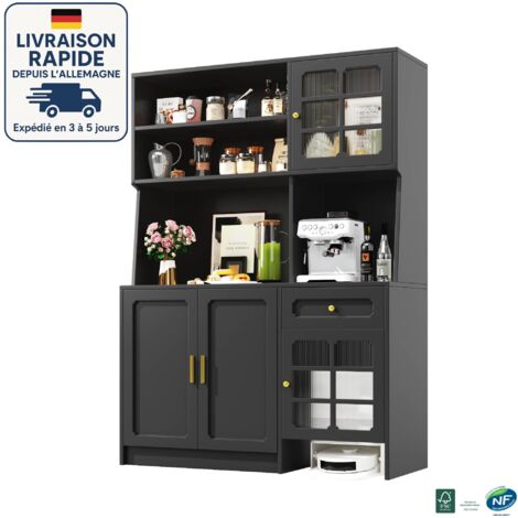 Buffet Vaisselier 4 Portes 1 Tiroirs Coloris - 130 x 45 x 180 cm - Meuble de cuisine avec portes vitrées et éclairage LED - Noir