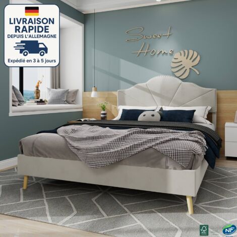 Lit 140x200 - Lit double pour adultes -Lit Capitonné avec Sommier à Lattes - Recouvert de laine hollandaise - touffeté - minimaliste et élégant - Bois Certifié PEFC - Beige (1/5)