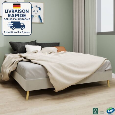 Lit 160x200 - Lit adulte capitonné tissu - Lit queen rembourré en velours hollandais, tissu hypoallergénique, lattes renforcées, minimaliste - Beige (1/5)
