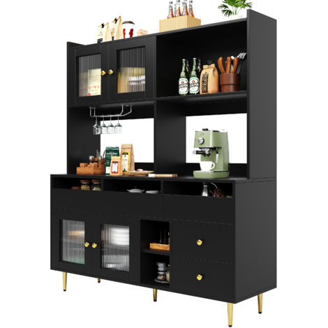 MODFU-Buffet de cuisine, 4 portes et 5 tiroirs avec rangement ouvert, meuble haut de salon, 145x39x171cm, MDF, noir (1/5)