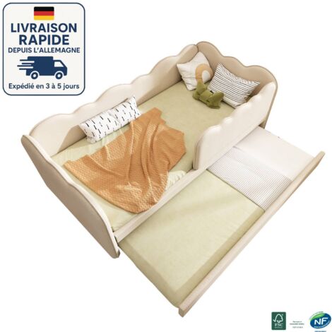 MODFU-Canapé-lit enfant 90x190cm, lit gigogne, sommier à lattes tapissé, sans matelas, lin, beige