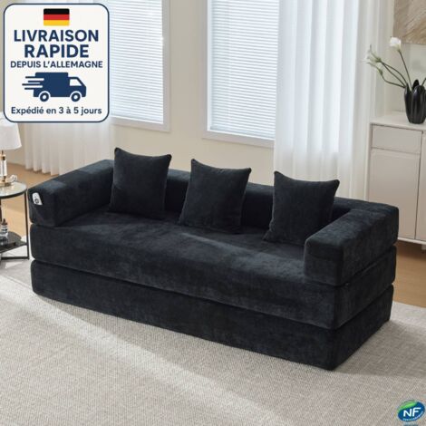 MODFU-Canapé convertible 3 places, canapé droit, 3 coussins, combinaison libre modulable, tissu chenille, 198×79×60cm, noir (1/5)