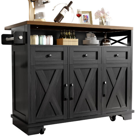 MODFU-Desserte roulettes 118×43/80×98 cm, établi pliable, 3 portes, 3 tiroirs, avec rangement ouvert, meuble cuisine, MDF, noir (1/5)