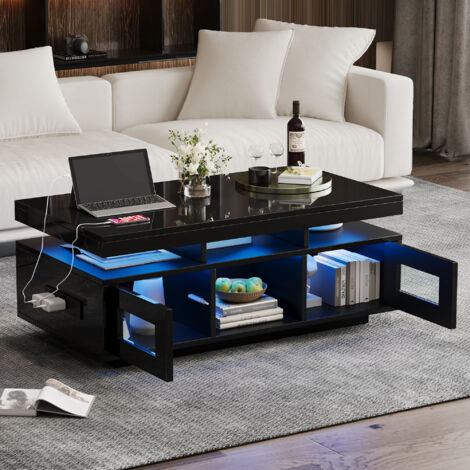 MODFU-Table basse brillant, 2 portes, rangement ouvert, LED, table de canapé avec port de charge et prise, 100×50×43cm, noir (1/5)