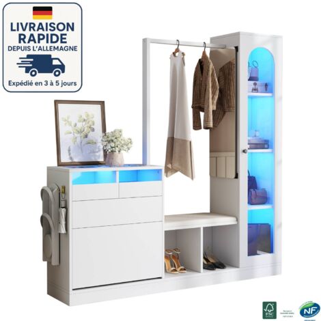 MODFU-Armoire avec tringle à vêtements et meuble de rangement, LED, adapté au salon/chambre/entrée, 163×35×161cm, blanc (1/5)