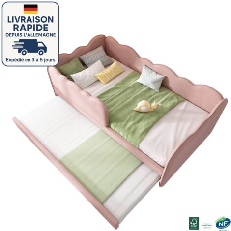 MODFU-Canapé-lit enfant 90x190cm, lit gigogne, sommier à lattes tapissé, sans matelas, velours, rose
